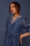 Shop_Chokhi Chorri_Blue Cotton Embroidery Split V-neck Mina Placement Floral Dress _at_Aza_Fashions