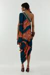 Aseem Kapoor_Blue Natural Crepe Bead Asymmetric Rasa Ambi Print One Shoulder Dress_Online_at_Aza_Fashions