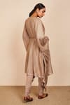 Shop_Sue Mue_Beige Tussar Georgette And Lycra Crepe Embroidery Aari Asymmetric Hem Kaftan Set _at_Aza_Fashions