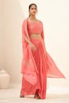 Shop_Hirika&Dhruti_Peach Silk Hand Embroidered Bead And Thread Work Draped Skirt Set  _at_Aza_Fashions