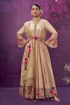 Shop_Label Niti Bothra_Ivory Kora Silk Mughal Round Floral Applique Anarkali With Dupatta _at_Aza_Fashions