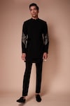 Shop_Tisa - Men_Black Viscose Polyester Embroidered Asymmetric Tie-up Bandhgala Set _at_Aza_Fashions