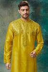 Shop_Sammohan Ceremonial_Yellow Viscose Silk Embroidered Thread And Mirror Work Placement Kurta Set_at_Aza_Fashions