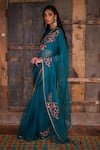 Shop_Shikha Mehta_Green Saree  Silk Organza Embroidered Thread High Neck Set_at_Aza_Fashions