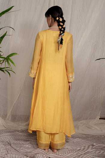 Shop_Pants And Pajamas_Yellow Chanderi, Cotton, Silk Embroidery, Candy Stick Kurta And Pant - Set Of 2 _at_Aza_Fashions