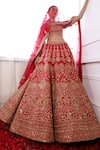 Shop_Pallavi Poddar_Red Silk, Tulle Embroidery, Sequins, Sahi Mor Botanical Bridal Lehenga Set _at_Aza_Fashions