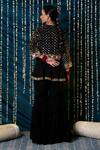 Shop_Maison Shefali_Black Jacket Cotton Embroidered Mirror Round Aks Peplum And Gharara Set _at_Aza_Fashions