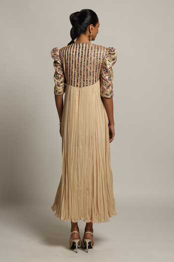 Shop_Sejal Kamdar_Beige Gajji Silk Embroidery Cut Pipe Round Yoke Gathered Dress _at_Aza_Fashions