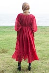 Shop_Baju_Red Chanderi Cotton Silk Lace Work V Neck Soy Midi Dress For Women _at_Aza_Fashions