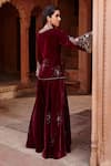 Shop_Ajiesh Oberoi_Wine Velvet Embroidered Thread Round Jacket And Sharara Set _at_Aza_Fashions