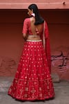 Shop_Deep Thee_Red Silk Embroidery Boota Deep V Neck Zardozi Bridal Lehenga Set _at_Aza_Fashions