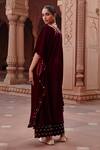 Shop Ajiesh Oberoi Wine Velvet Embroidery Keyhole Neck Scattered Work Kaftan And Pant Set at Aza Fashions Shop_Ajiesh Oberoi_Wine Velvet Embroidery Keyhole Neck Scattered Work Kaftan And Pant Set _at_Aza_Fashions
