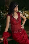 Shop_Kisneel by Pam_Red Embroidered Sequins V Neck Pre-draped Saree With Corset Top _at_Aza_Fashions