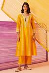 Shop Sureena Chowdhri Yellow Silk Chanderi Embroidered Dori Notched Round Fun In The Sun Kurta Set at Aza Fashions Shop_Sureena Chowdhri_Yellow Silk Chanderi Embroidered Dori Notched Round Fun In The Sun Kurta Set_at_Aza_Fashions