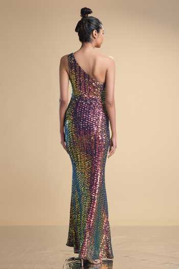Shop_Kommal Sood_Multi Color Lycra, Net Sequins Asymmetric Rainbow Work One Shoulder Gown _at_Aza_Fashions