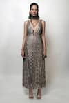 Shop_Rohit Gandhi + Rahul Khanna_Grey Satin Empyrean Skirt _at_Aza_Fashions