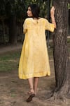 Shop_Dhaari_Yellow Handwoven Cotton Silk Hand Painted And Embroidered Floral Pattern Gathered _at_Aza_Fashions