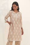 Shop_Mulmul_Beige 100% Pure Mulmul Embroidery Kelil Flower Kurta And Pant Set _at_Aza_Fashions
