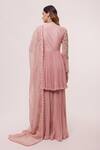 Shop Onaya Pink Georgette Embroidery, Beads V-neck Embellished Peplum Kurta Gharara Set at Aza Fashions Shop_Onaya_Pink Georgette Embroidery, Beads V-neck Embellished Peplum Kurta Gharara Set_at_Aza_Fashions