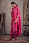 Shop_Hirika&Dhruti_Pink Kurta And Pant Cotton Silk Hand Embroidery Floral V Flower Set  _at_Aza_Fashions