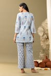 Shop Abbaran Blue Cotton V-neck Floral Print Angrakha And Pant Set at Aza Fashions Shop_Abbaran_Blue Cotton V-neck Floral Print Angrakha And Pant Set _at_Aza_Fashions