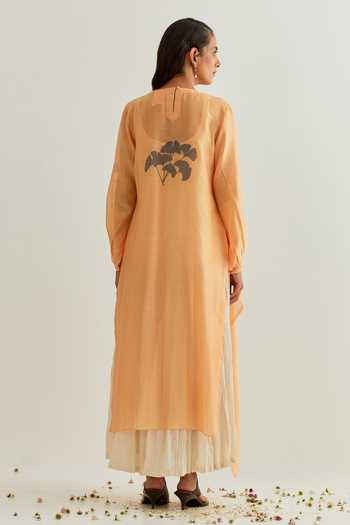 Shop_Prama By Pratima Pandey_Orange Chanderi Embroidery Round Neck Floral Print Dress With Inner _at_Aza_Fashions