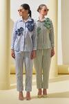 Shop_Pleats By Aruni_Blue Linen Fabric Flowers, Applique Collared Striped Pattern Shirt And Pant Set_at_Aza_Fashions