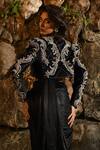 Shop_House of Exotique_Black Velvet, Organza, Lace Stones, Embroidered Jacket Pre Draped Saree Set _at_Aza_Fashions