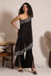 Shop_Vanshika Agarwal Label_Black Lining Taffeta Hand Embroidery Pearl Asymmetric Neck Tunic And Pant Set _at_Aza_Fashions