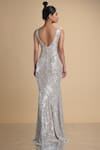 Shop_Kommal Sood_Silver Lycra Stretch Net Embroidered Sequins V Neck Sleeveless Gown  _at_Aza_Fashions