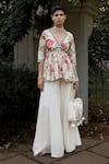 Paulmi and Harsh_Off White Cotton Silk Leave Floral Petal Pattern Peplum And Palazzo Set _Online_at_Aza_Fashions