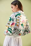 Shop_Betrue_White 100% Linen Embroidery Foliage Mandarin Collar Bali Bomber Jacket _at_Aza_Fashions