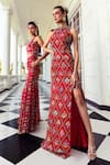 Shop_DiyaRajvvir_Red Georgette Printed Diamond Frame Halter Gown _at_Aza_Fashions