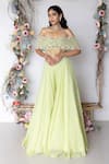 Sunita Bhandari_Green Viscose Crepe Embroidered Resham Off Shoulder Neck Blouse And Sharara Set_Online_at_Aza_Fashions