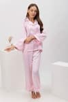 Shop_Dawn And Dusk_Pink Satin Collared Neck Rosette Feather Detailed Shirt And Pant Set  _at_Aza_Fashions