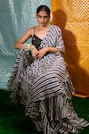 Shop_17:17 by Simmi Saboo_Black Muslin Silk Printed Stripe V Neck Pre-draped Saree With Blouse _at_Aza_Fashions