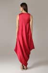Shop_ANEEHKA_Red Viscose Cotton Satin Hand Embroidered Bead Work Cowl Draped Dress _at_Aza_Fashions