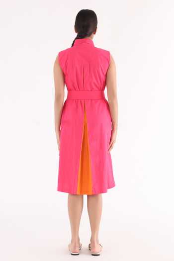 Shop_Studio Moda India_Pink Cotton Collared Inverted Pleated Blast Dress _at_Aza_Fashions