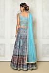 Shop_Samyukta Singhania_Blue Blouse Banglori Silk Print Floral Square Neck Pleated Lehenga Set _at_Aza_Fashions