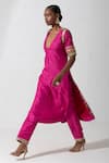 Shop_Rishi and Vibhuti_Pink Silk Embroidery Zardozi And Sequin V Neck Acrine Kurta & Pant Set _at_Aza_Fashions