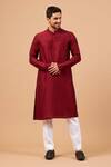 Shop_Hilo Design_Maroon Falling Raw Silk Plain Mandarin Collar Kurta Pant Set _at_Aza_Fashions