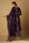 Monk & Mei_Purple Velvet Embroidery Zari Keyhole Ruhani Kurta Palazzo Set _Online_at_Aza_Fashions