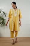 Shop_OMI_Yellow Cotton Embroidered V Neck Straight Kurta And Pant Set _at_Aza_Fashions