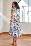 Shop_HOUSE OF FETT_Blue Cotton Linen Printed Floral V Neck Chiara Dress _at_Aza_Fashions