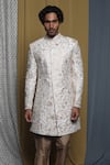Shop_Krishna Mehta_White Cotton, Viscose Embroidery Floral Sherwani And Pant Set _at_Aza_Fashions