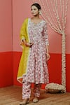 Shop_Myaara_Peach Kurta And Pant Cotton Handblock Rose Notched Hand Print Set _at_Aza_Fashions