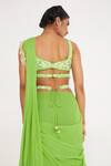 Shop_Asaga_Green Silk, Georgette, Linen Embroidery, Stella Pre-draped Tiered Saree Set _at_Aza_Fashions