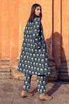 Shop_Gulabo Jaipur_Blue Cotton Floral Pattern Top V-neck Kafia Quilted Coat And Printed Pant Set_at_Aza_Fashions