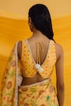 Shop_Drishti & Zahabia_Yellow Dupion Silk Printed Floral V Neck Saree With Blouse_at_Aza_Fashions