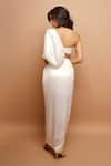 Buy_Ahi Clothing_Off White Shimmer Lycra Kodi Tassels One Shoulder Twisted Top And Draped Skirt Set _Online_at_Aza_Fashions